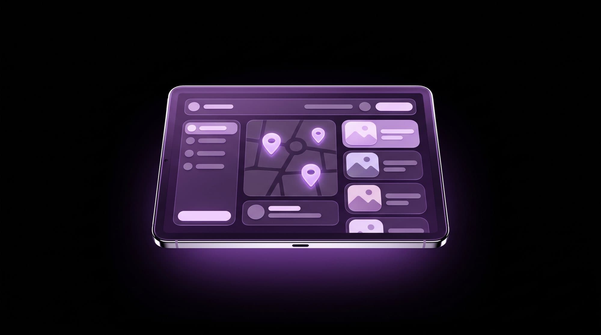 Tablet showing the property listings portal with a map, location pins and property cards