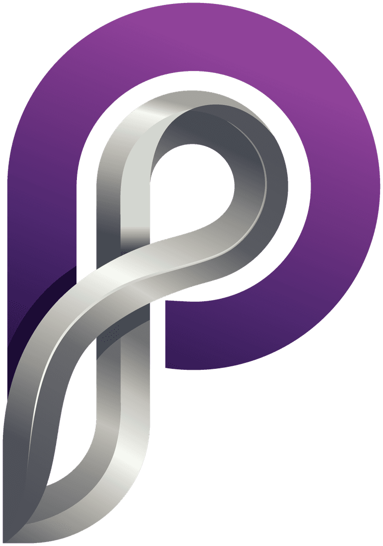 PROCODE logo in 3D: a chrome ribbon shaped like the letter P over a purple emblem, floating above holographic rings