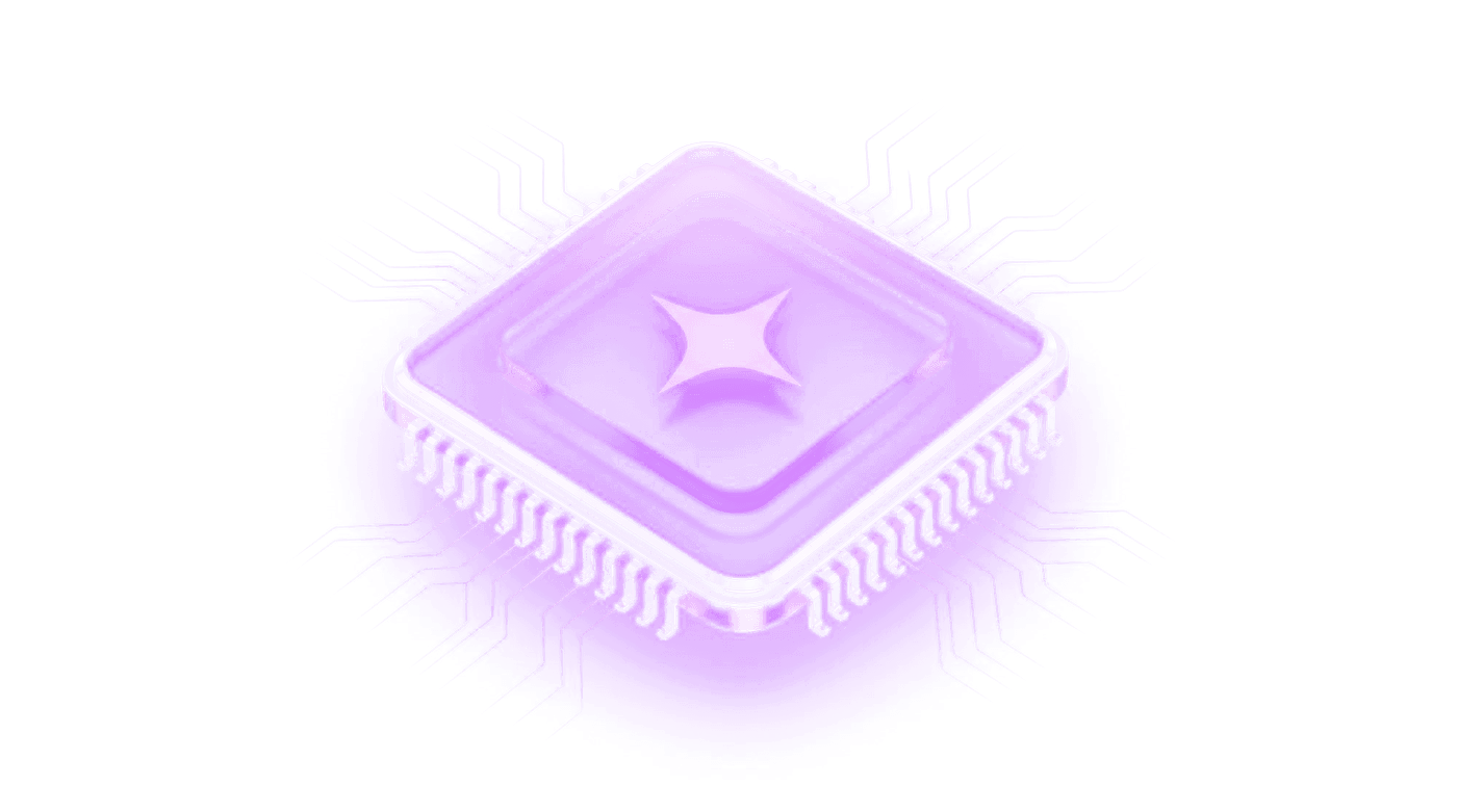 3D render of a purple glass AI chip with a glowing sparkle, representing the Gemini powered project planner